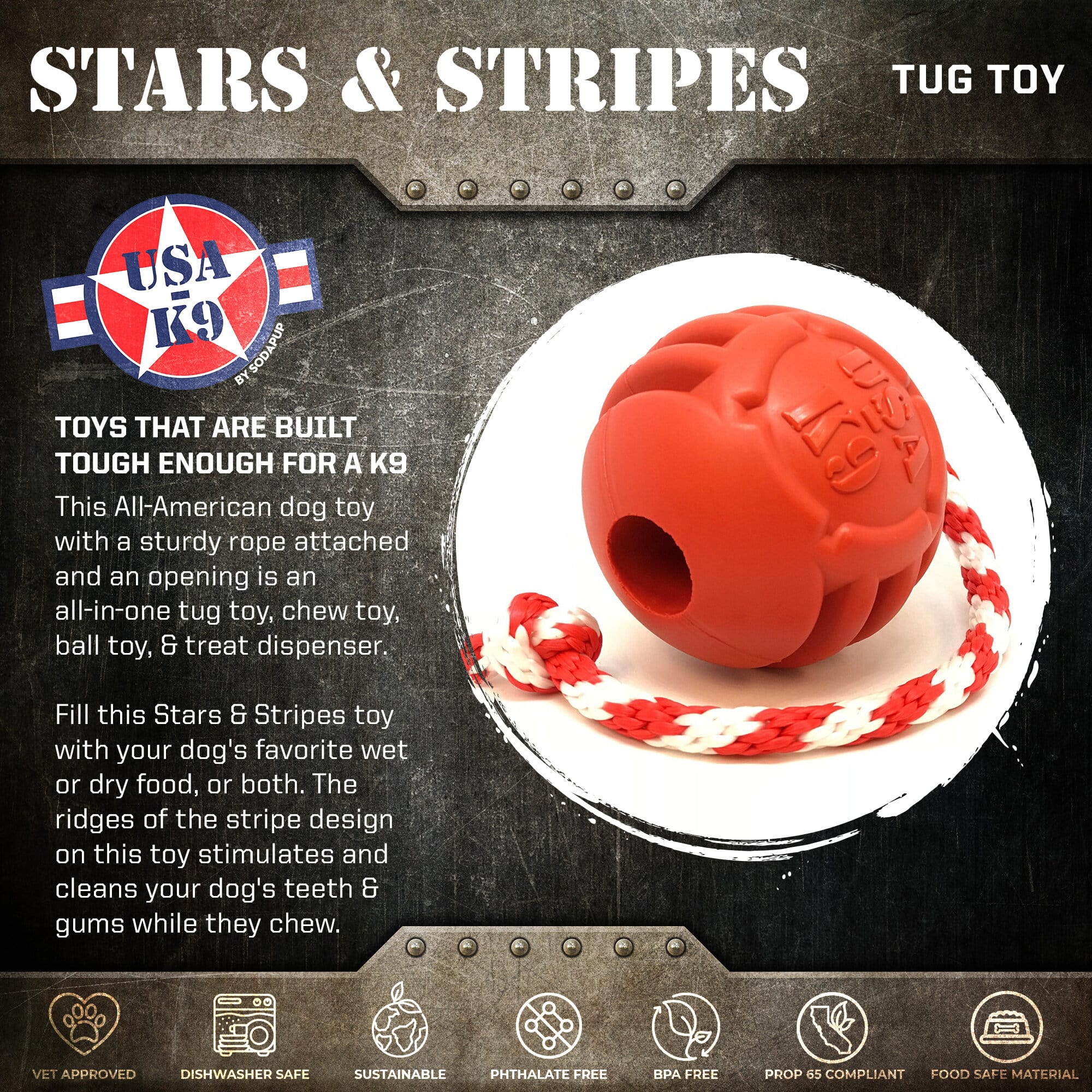 USA-K9 Stars and Stripes Ultra-Durable Durable Rubber Chew Toy, Reward Toy, Tug Toy, and Retrieving Toy - Red - Image 2